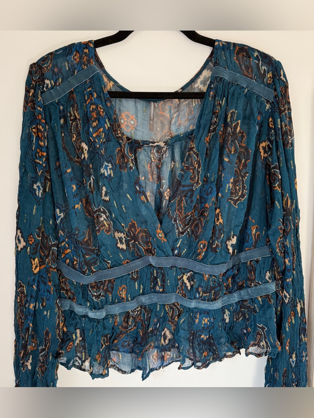 Anthropologie Teal Floral Peasant Blouse